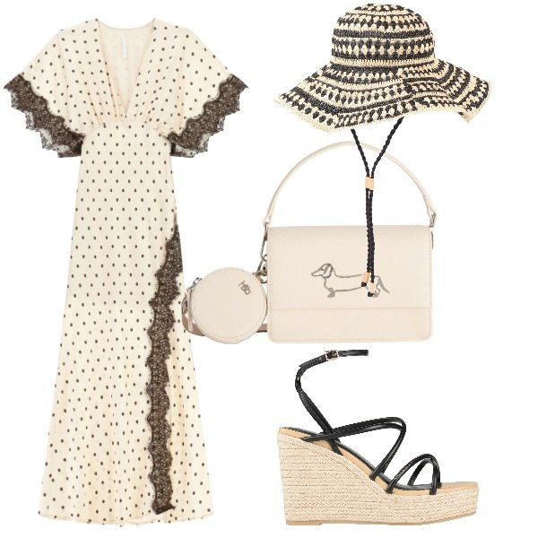 Outfit donna - Total look #2406464. Stile Romantica per Mare. Abbinamento con cappelli, espadrillas, vestiti lunghi, borse a tracolla.