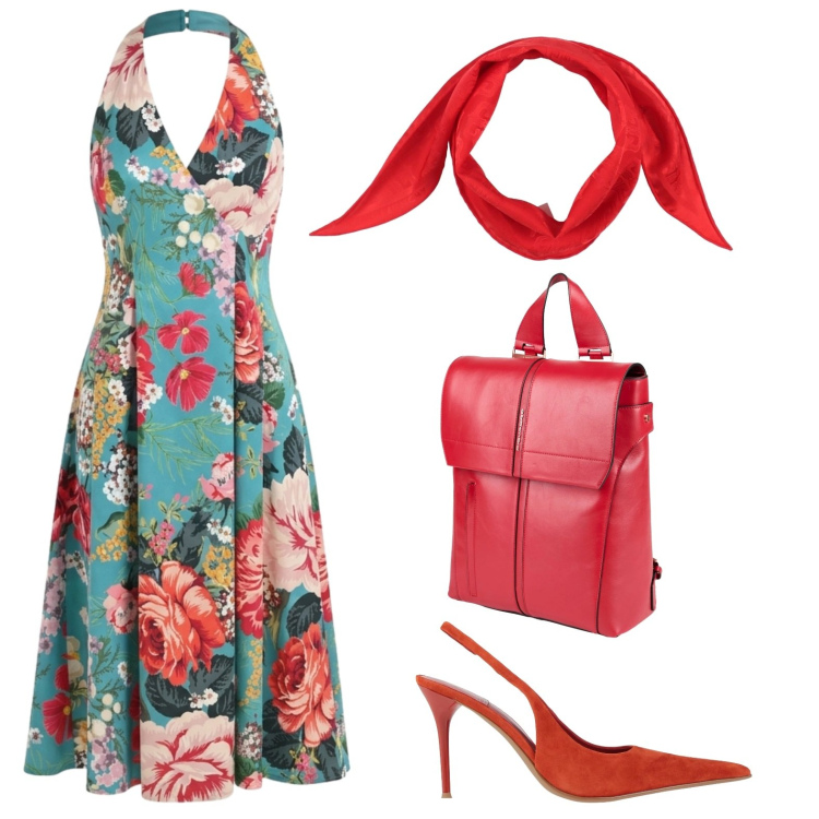 Outfit donna - Flowers. Stile Vintage retrò per Tutti i giorni. Abbinamento con zaini, sciarpe, décolleté, vestiti midi/longuette.
