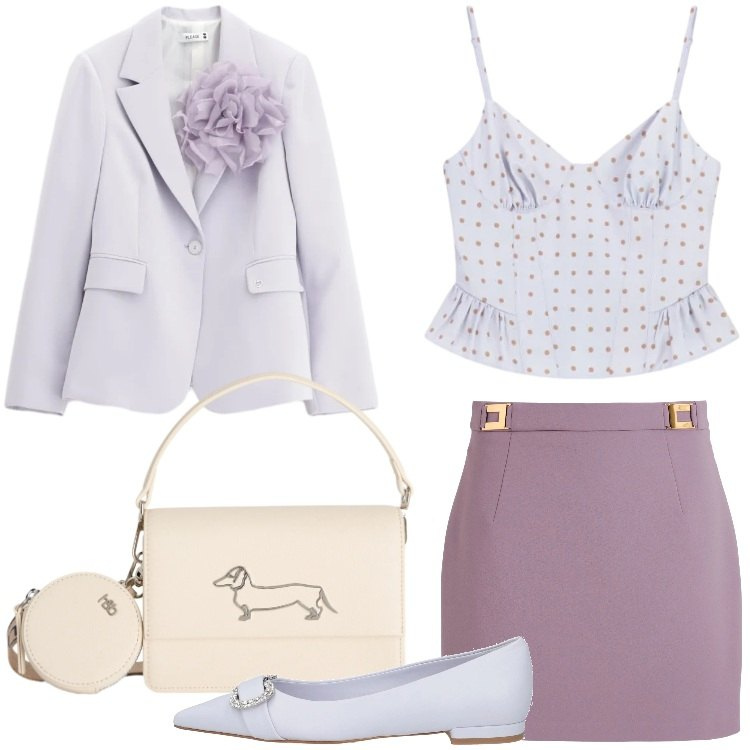 Outfit donna - Malva e glicine. Stile Romantica per Cerimonia. Abbinamento con minigonne, ballerine, top, borse a tracolla, blazer.