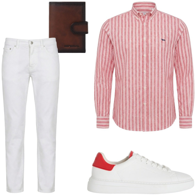 Outfit uomo - Sneakers semplice ma con dettaglio. Stile Trendy per Ufficio. Abbinamento con portafogli, pantaloni, camicie, sneakers.