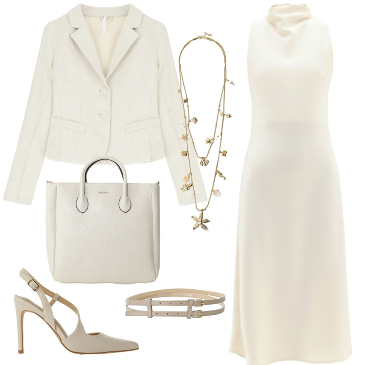 Outfit donna - spring cream. Stile Casual chic per Ufficio. Abbinamento con décolleté, blazer, borse a tracolla, cinture, collane, vestiti midi/longuette.