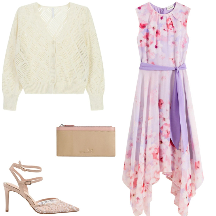 Outfit donna - I toni delicati e eleganti. Stile Glamour per Cerimonia. Abbinamento con vestiti, décolleté, cardigans, portafogli.