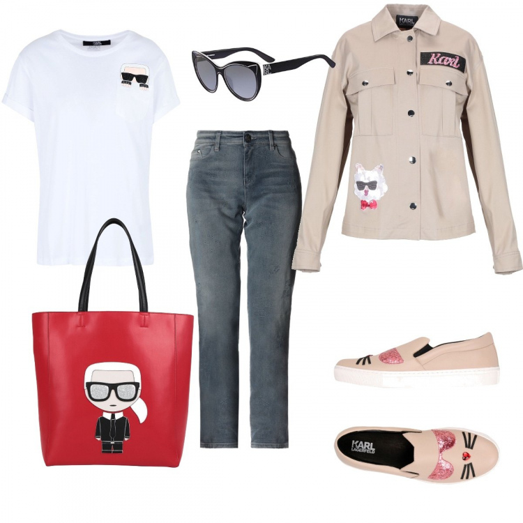 Outfit donna - Tributo a Karl Lagerfeld. Stile Urban per Tutti i giorni. Abbinamento con sneakers, jeans a tubo delavé con zip tinta unita, borsa a mano maxi contrasto glitter doppio manico interno foderato in pelle tinta unita, giubbotto tweed collo classico a maniche lunghe con zip interno sfoderato tinta unita, t-shirt con strass collo tondo a maniche corte in cotone jersey, occhiali da sole nero.