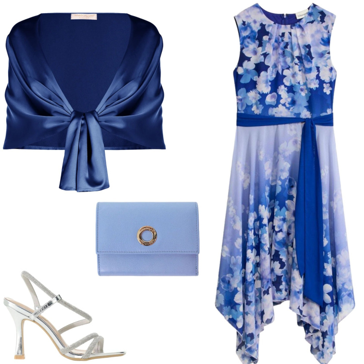 Outfit donna - Elegante leggerezza. Stile Glamour per Cerimonia. Abbinamento con vestiti, stole, portafogli, sandali col tacco.
