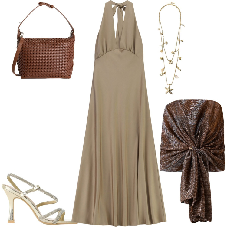Outfit donna - Total look #2406497. Stile Chic per Cerimonia. Abbinamento con stole, collane, vestiti lunghi, sandali col tacco, borse a spalla.