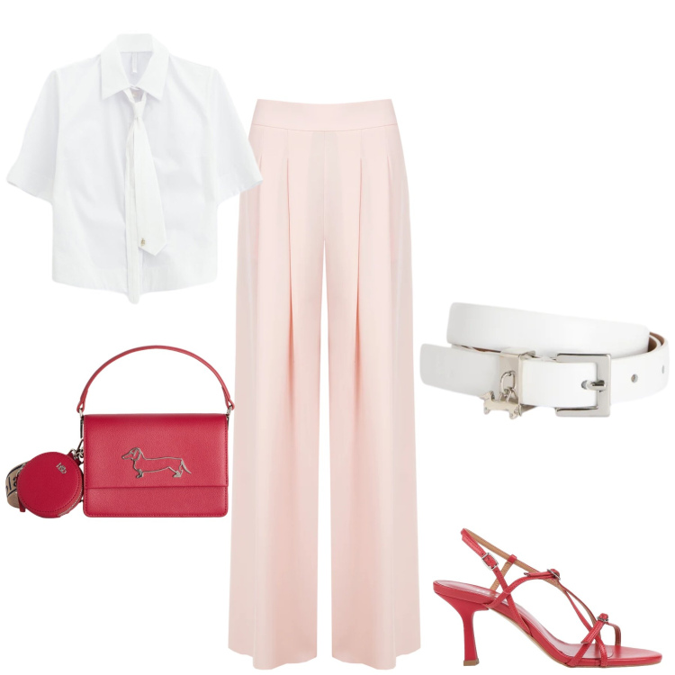 Outfit donna - Un tocco di colore. Stile Bon Ton per Ufficio. Abbinamento con sandali in pelle, pantaloni a palazzo, camicie a manica corta, borse a tracolla, cinture.