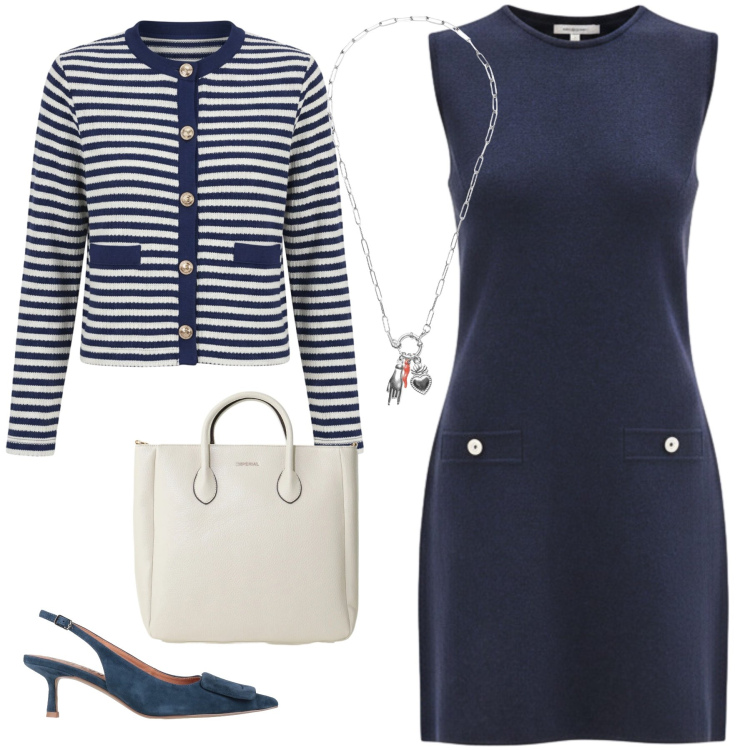 Outfit donna - Simple blue. Stile Casual chic per Ufficio. Abbinamento con décolleté, vestiti corti, cardigans, borse a tracolla, ciondoli.