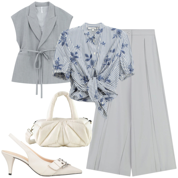 Outfit donna - Total look #2406504. Stile Chic per Ufficio. Abbinamento con décolleté, gilet, pantaloni a palazzo, camicie a manica corta, borse a mano.