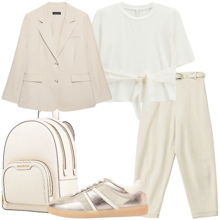 Outfit donna - Toni neutri luminosi. Stile Casual chic per Tutti i giorni. Abbinamento con zaini, sneakers, pantaloni, t-shirt, blazer.
