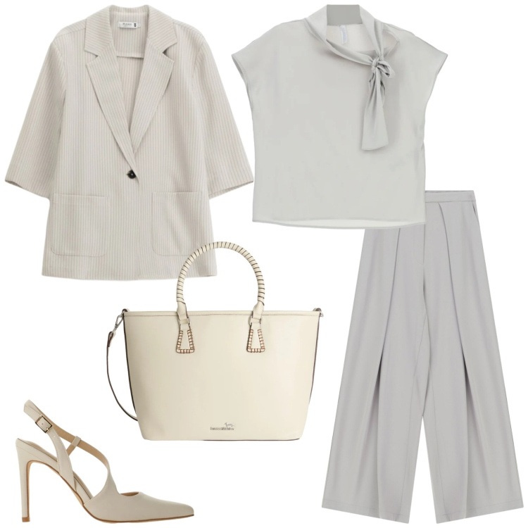 Outfit donna - Essenziale e sofisticato. Stile Chic per Ufficio. Abbinamento con pantaloni a palazzo, canottiere, décolleté, shopping bag, blazer.