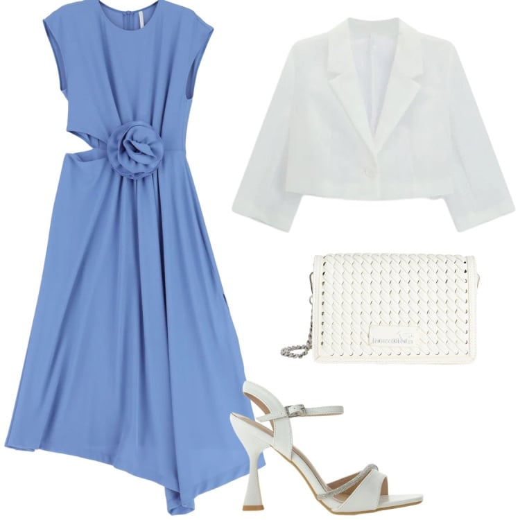 Outfit donna - Cerimonie. Stile Glamour per Cerimonia. Abbinamento con vestiti midi/longuette, blazer, sandali gioiello, borse a tracolla.