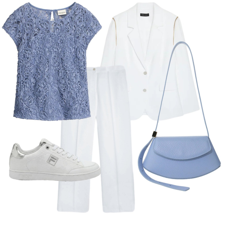 Outfit donna - Pomeriggio al corso. Stile Minimal per Ufficio. Abbinamento con sneakers, bluse, borse a spalla, blazer, pantaloni.
