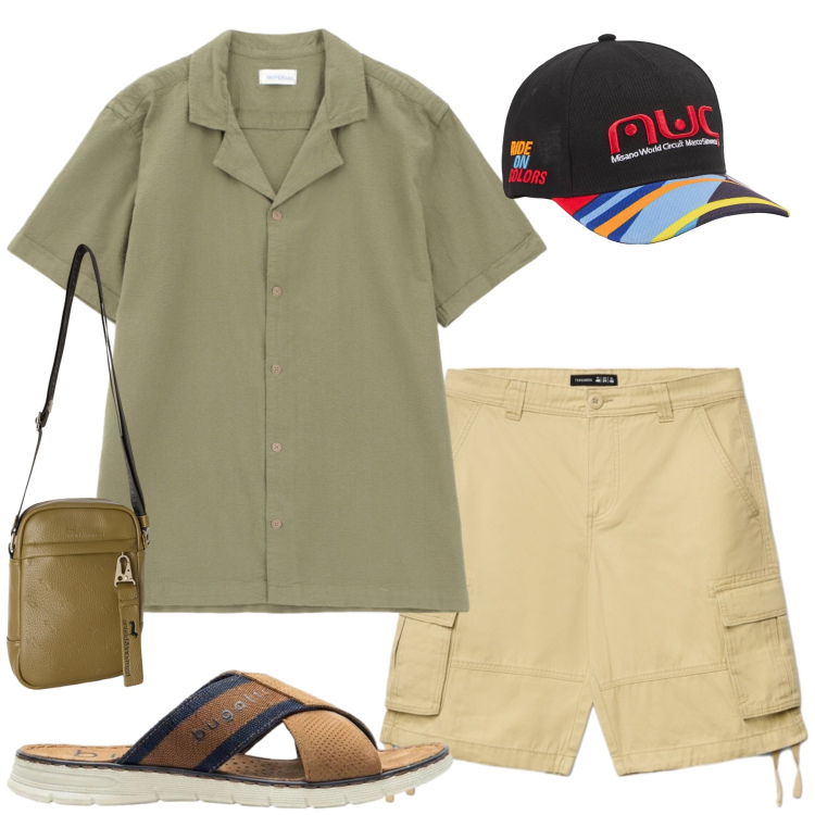 Outfit uomo - Total look #2406515. Stile Casual per Tutti i giorni. Abbinamento con sandali, cappelli con visiera, shorts, camicie a manica corta, borse sportive.