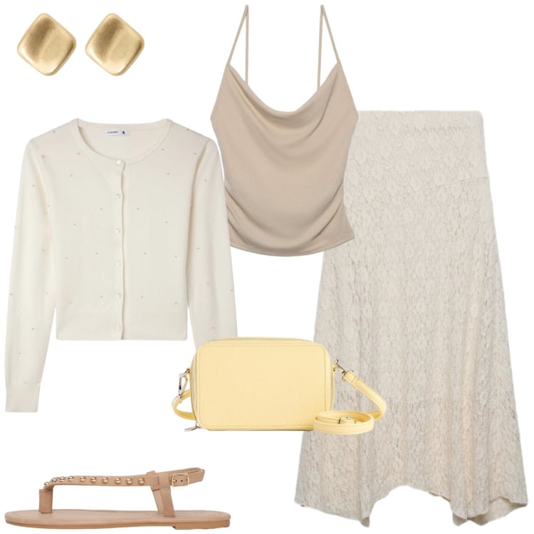 Outfit donna - Toni neutri luminosi. Stile Casual chic per Tutti i giorni. Abbinamento con borse a tracolla, gonne lunghe, cardigans, ciabatte, canottiere, orecchini.