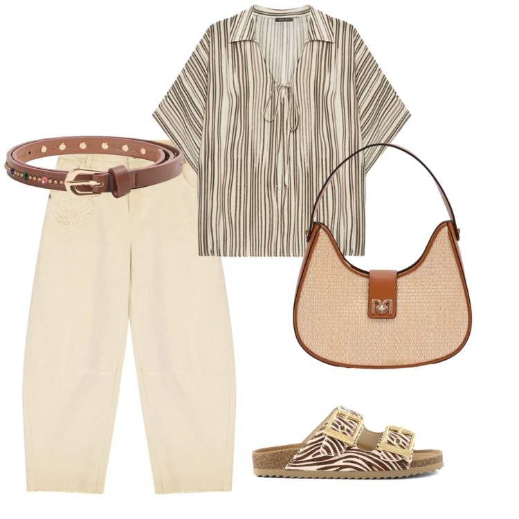 Outfit donna - Di giorno. per Tutti i giorni. Abbinamento con cinture, pantaloni, borse a spalla, bluse, sandali in pelle.