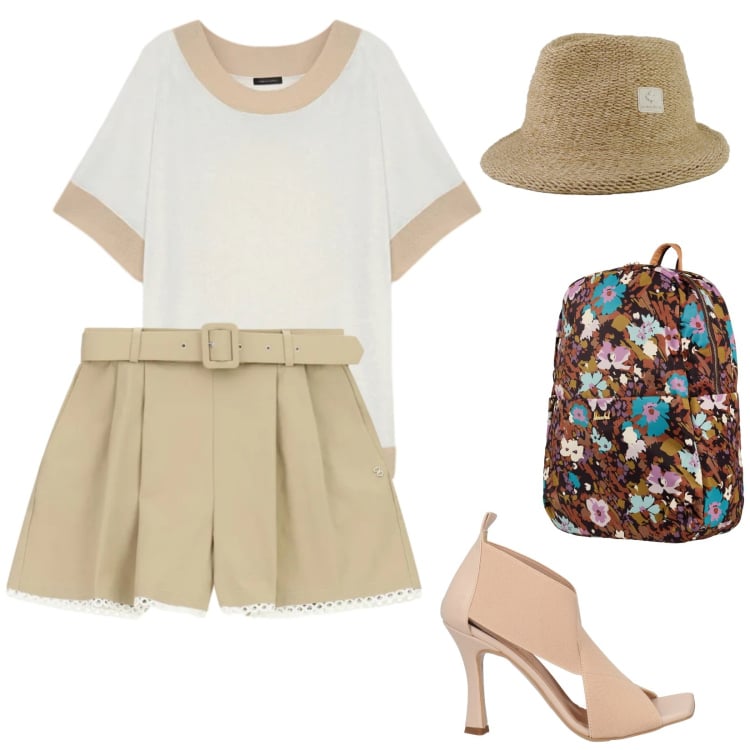 Outfit donna - Pratica ed elegante. per Tutti i giorni. Abbinamento con sandali in pelle, valigie, shorts, t-shirt, cappelli.