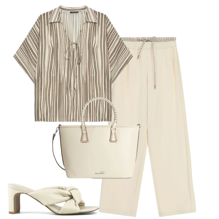 Outfit donna - Maggio. Stile Urban per Tutti i giorni. Abbinamento con shopping bag, pantaloni, bluse, sandali col tacco.