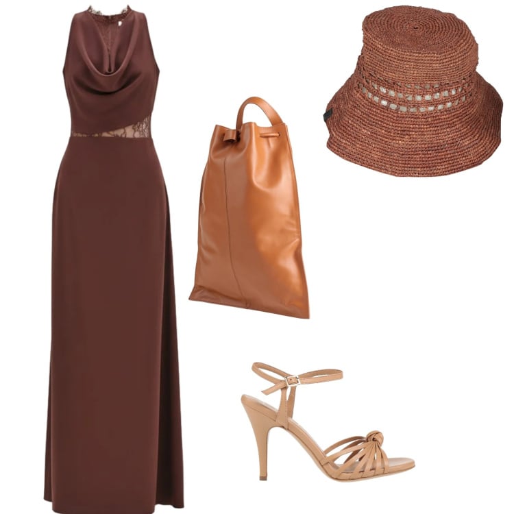 Outfit donna - Evento al mare. per Mare. Abbinamento con sandali in pelle, cappelli con visiera, zaini, vestiti lunghi.