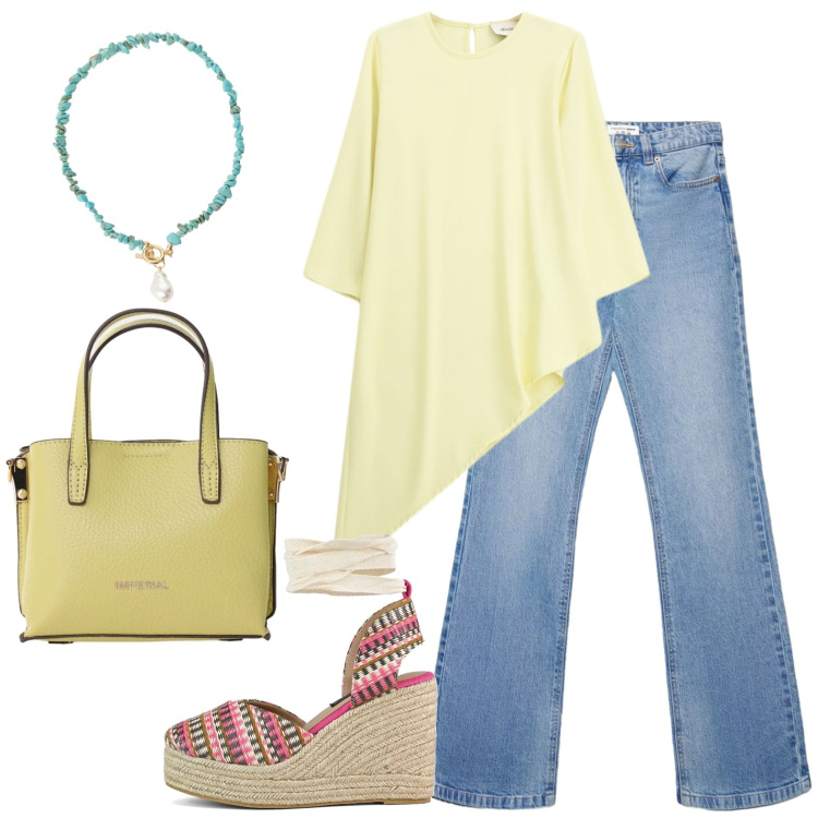 Outfit donna - Zeppe e colore. Stile Casual chic per Tutti i giorni. Abbinamento con jeans bootcut, collane, borse a tracolla, bluse, zeppe.