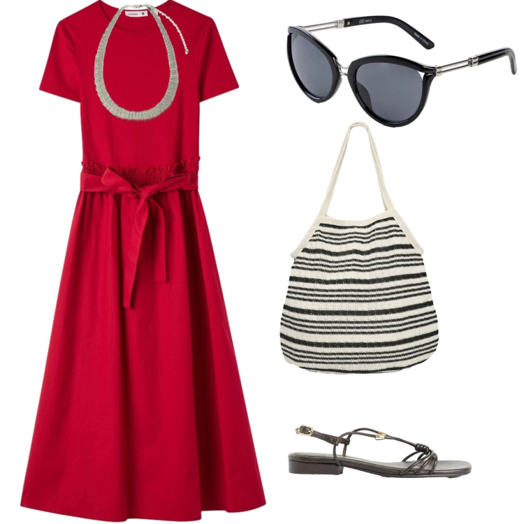 Outfit donna - Un giorno qualunque. per Tutti i giorni. Abbinamento con occhiali da sole, sandali, vestiti lunghi, shopping bag, collane.