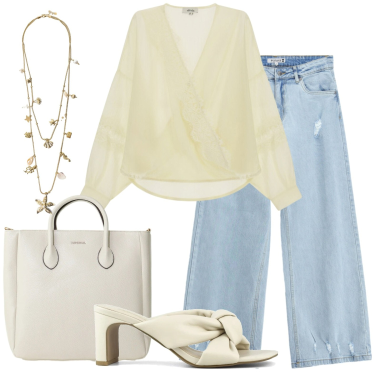 Outfit donna - Stile hippy. Stile Etnico per Tutti i giorni. Abbinamento con collane, borse a tracolla, jeans, bluse, sandali col tacco.