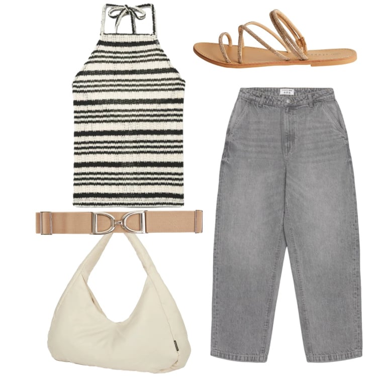 Outfit donna - Total look. Stile Casual per Tutti i giorni. Abbinamento con jeans dritti, canottiere, cinture, sandali, borse a spalla.