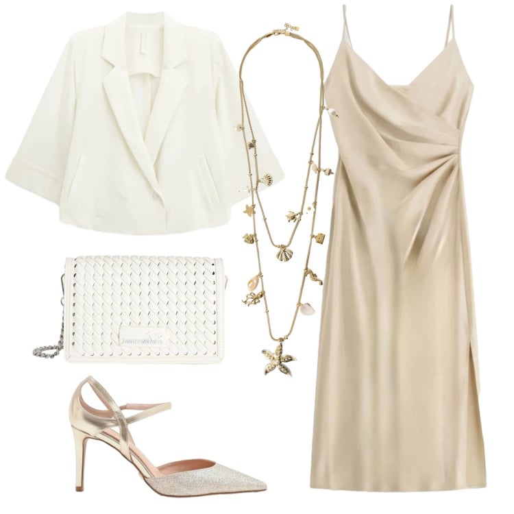 Outfit donna - Total look #2406531. Stile Chic per Cerimonia. Abbinamento con décolleté, vestiti midi/longuette, blazer, collane, borse a tracolla.