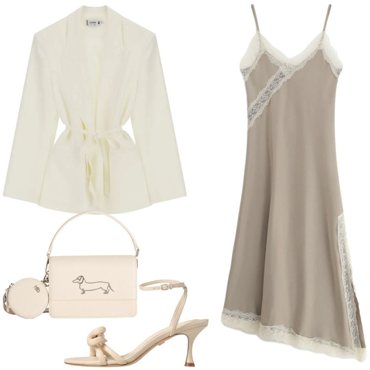 Outfit donna - Serata inizio estate. Stile Glamour per Serata fuori. Abbinamento con sandali in pelle, vestiti lunghi, borse a tracolla, blazer.