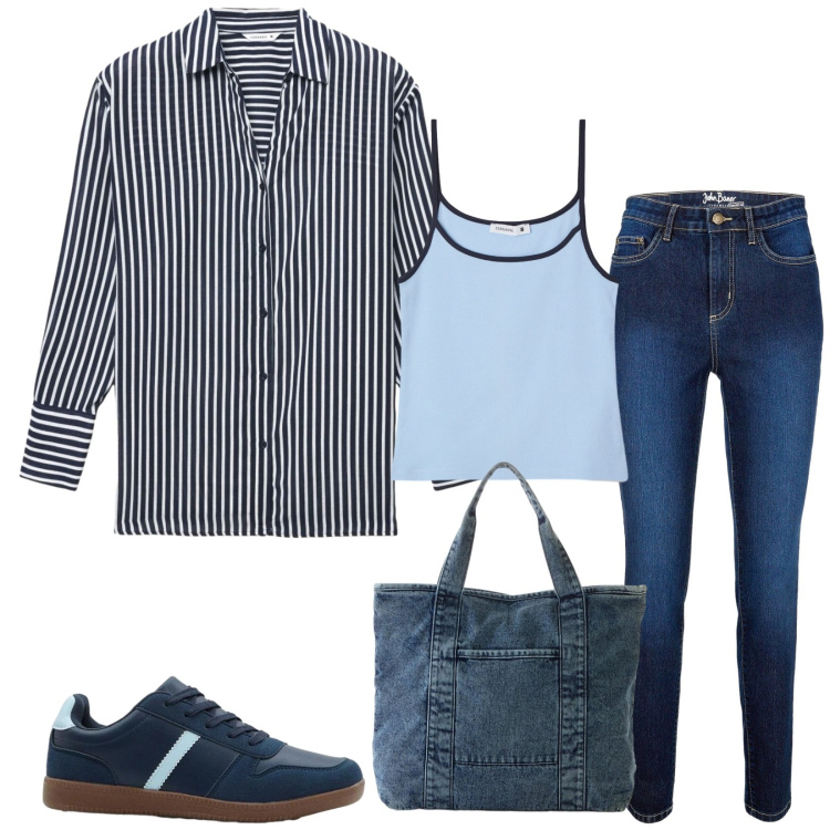 Outfit donna - Total look #2406533. Stile Urban per Tutti i giorni. Abbinamento con jeans skinny, shopping bag, sneakers, top, camicie.