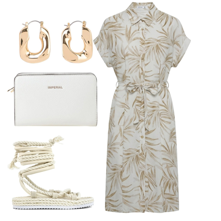 Outfit donna - Total chemisier. Stile Bon Ton per Tutti i giorni. Abbinamento con orecchini, vestiti chemisier, borse a tracolla, sandali.