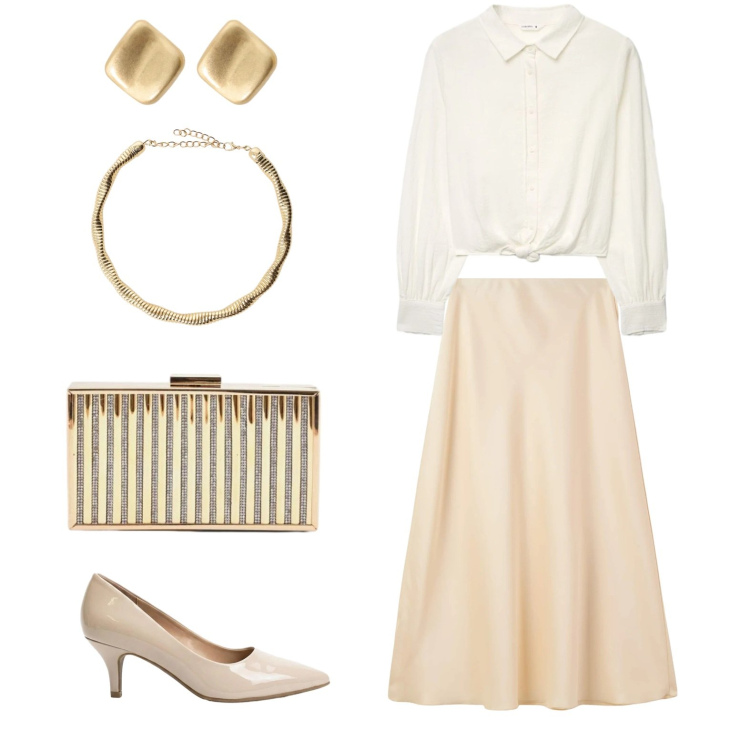 Outfit donna - Serata a teatro. Stile Chic per Serata fuori. Abbinamento con décolleté, gonne lunghe, camicie, clutch, orecchini, collane.