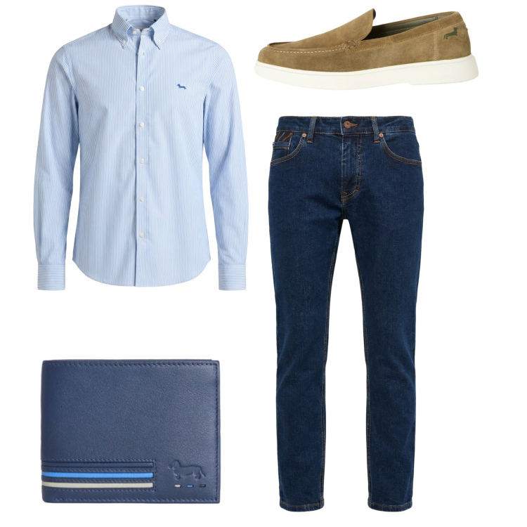 Outfit uomo - Total look. Stile Casual per Tutti i giorni. Abbinamento con pantaloni, portafogli, camicie, scarpe stringate.