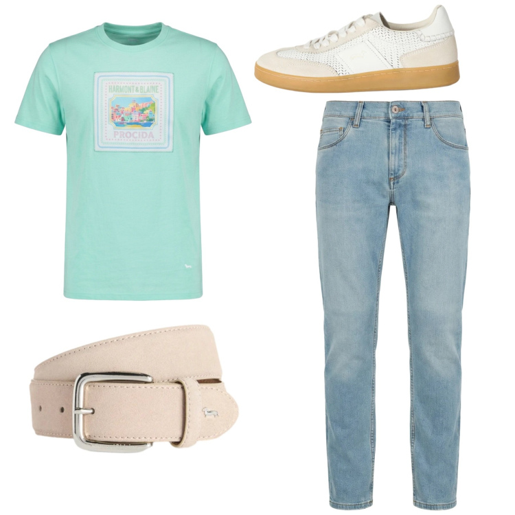 Outfit uomo - Total look. Stile Casual per Tutti i giorni. Abbinamento con jeans slim fit, sneakers, cinture, t-shirt.