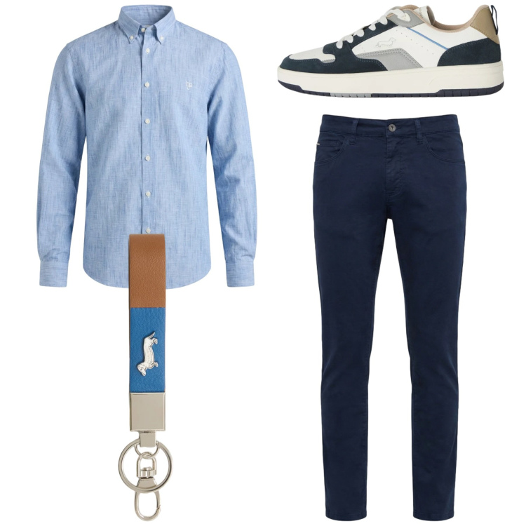Outfit uomo - Total look. Stile Casual per Tutti i giorni. Abbinamento con portachiavi, pantaloni, camicie, sneakers.