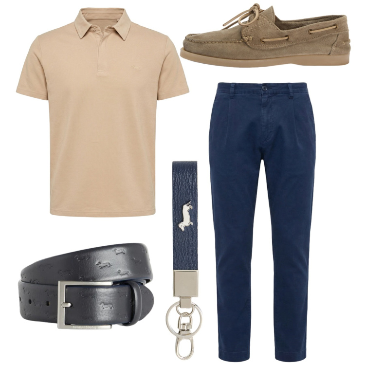 Outfit uomo - Total look. Stile Casual per Tutti i giorni. Abbinamento con cinture, portachiavi, polo, scarpe stringate, pantaloni.