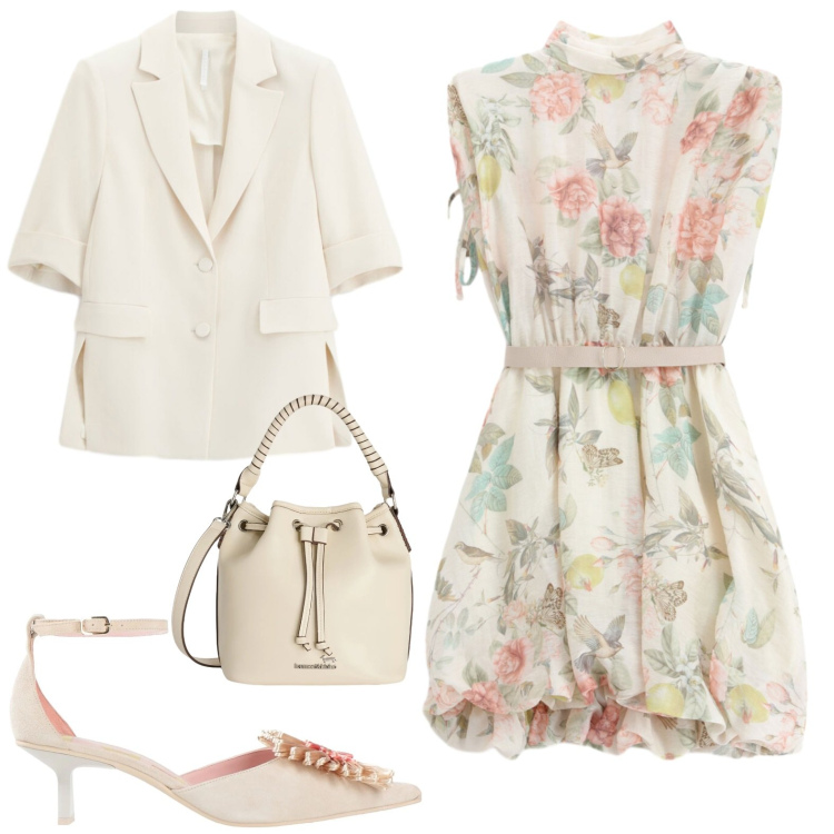 Outfit donna - Abito corto a fiori. Stile Glamour per Serata fuori. Abbinamento con décolleté, borse a secchiello, vestiti corti, blazer.