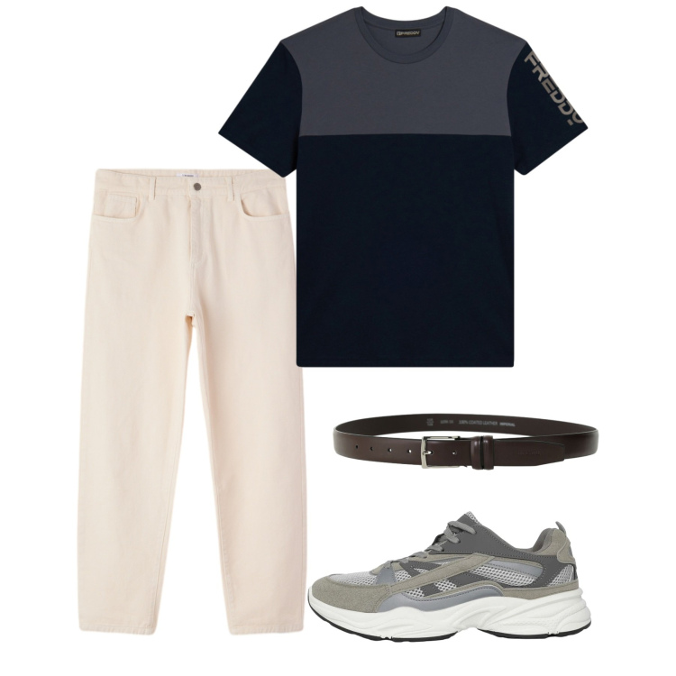 Outfit uomo - Maggio. Stile Casual per Tutti i giorni. Abbinamento con sneakers, pantaloni, cinture, t-shirt.