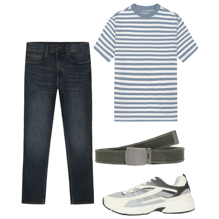 Outfit uomo - Maggio. Stile Casual per Tutti i giorni. Abbinamento con cinture, sneakers, t-shirt, jeans.