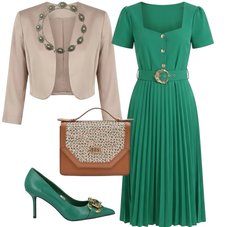 Outfit donna - Smeraldo. Stile Chic per Serata fuori. Abbinamento con décolleté, cinture, pochette, vestiti midi/longuette, blazer.