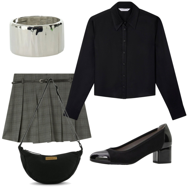 Outfit donna - Total look #2406567. Stile Casual chic per Serata fuori. Abbinamento con décolleté, minigonne, camicie, braccialetti, borse a tracolla.