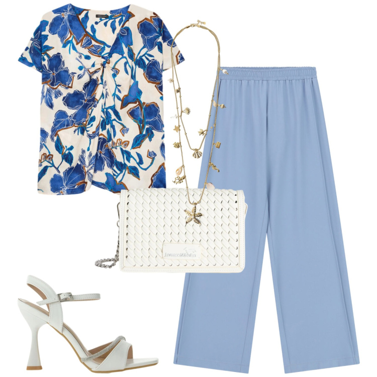 Outfit donna - City. Stile Urban per Tutti i giorni. Abbinamento con pantaloni a palazzo, sandali gioiello, collane, borse a tracolla, bluse.