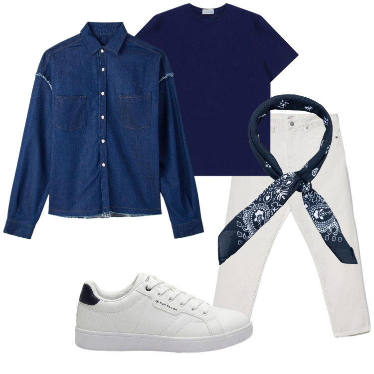 Outfit uomo - Bianco e blu time. Stile Trendy per Tutti i giorni. Abbinamento con sneakers, jeans, camicie, t-shirt, sciarpe e foulard.
