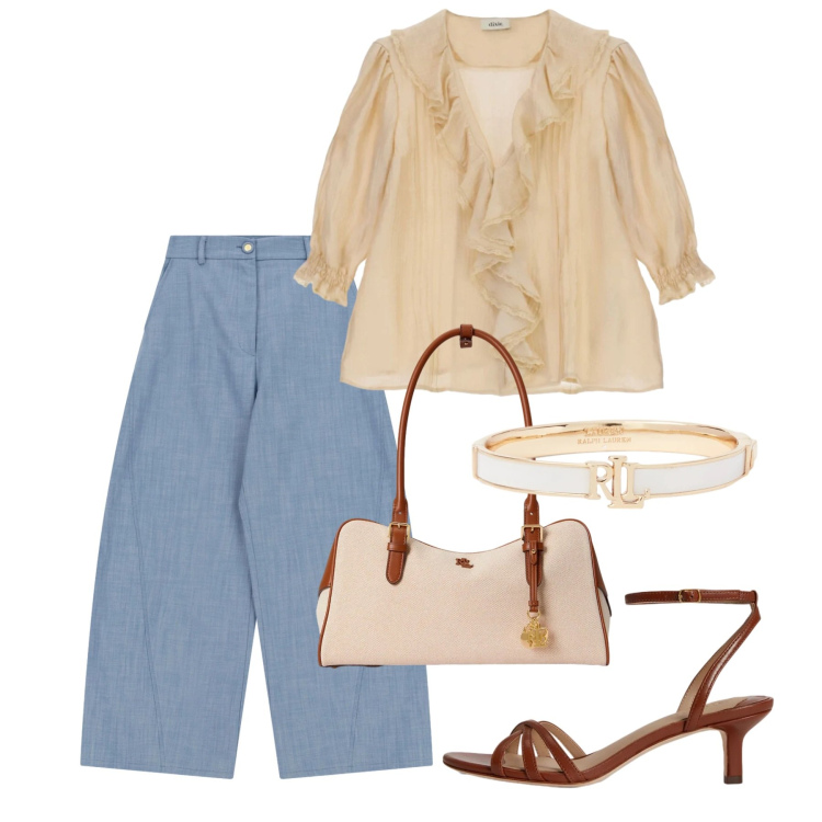 Outfit donna - Blusa + jeans - Il nuovo everyday look. Stile Casual chic per Tutti i giorni. Abbinamento con jeans, sandali in pelle, braccialetti, borse a mano, bluse.
