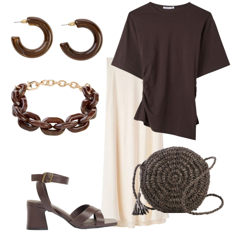 Outfit donna - Total look #2406579. Stile Etnico per Serata fuori. Abbinamento con borse a tracolla, sandali col tacco, braccialetti, orecchini, gonne lunghe, t-shirt.