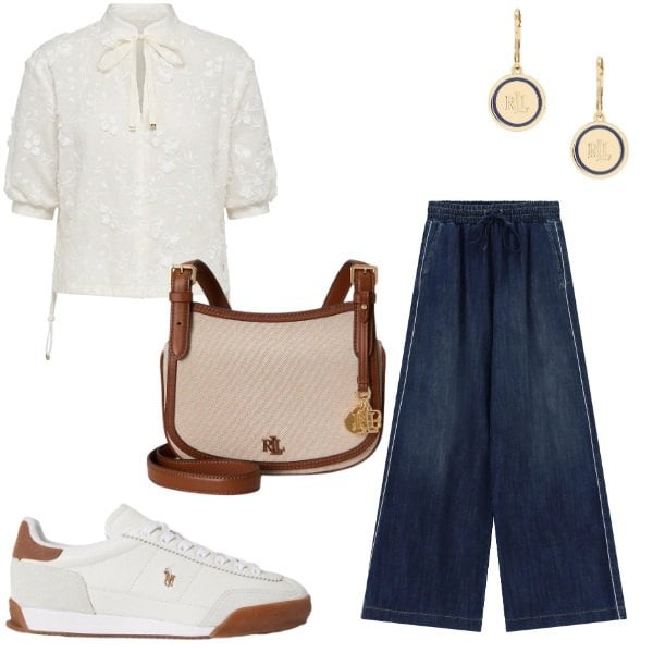Outfit donna - classico e chic. Stile Sporty chic per Tutti i giorni. Abbinamento con bluse, jeans, sneakers, borse a tracolla, orecchini.