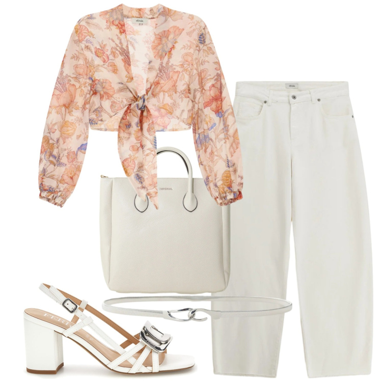 Outfit donna - Blusa e jeans. Stile Romantica per Tutti i giorni. Abbinamento con borse a tracolla, jeans, bluse, cinture, sandali in pelle.