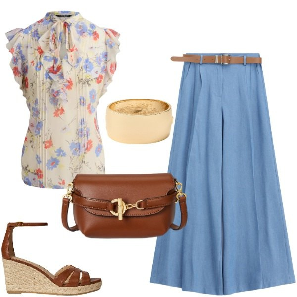 Outfit donna - Giornata in relax. Stile Casual chic per Tutti i giorni. Abbinamento con jeans, bluse, zeppe, borse a tracolla, braccialetti.