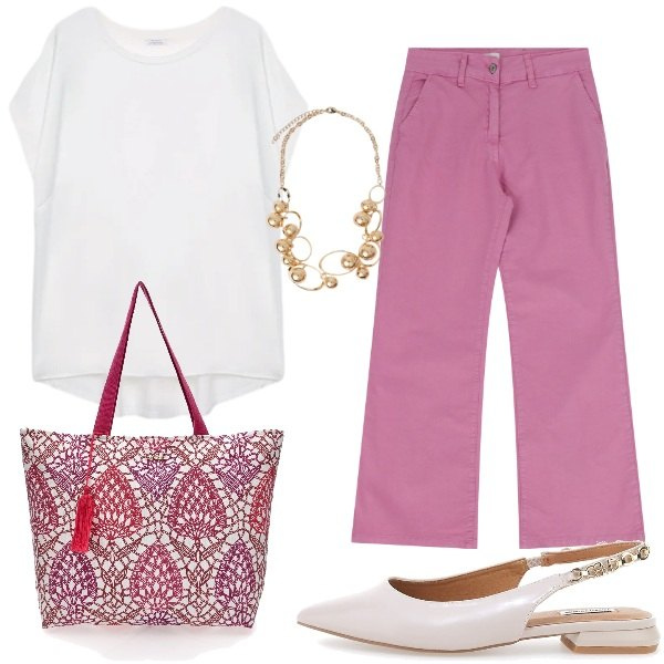 Outfit donna - romantica. Stile Casual chic per Tutti i giorni. Abbinamento con jeans, bluse, collane, shopping bag, ballerine.