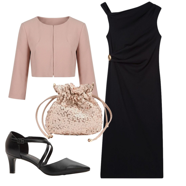 Outfit donna - Total look #2406585. Stile Chic per Cerimonia. Abbinamento con décolleté, vestiti asimmetrici, bolero, pochette.