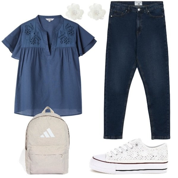 Outfit donna - giornata in libertà. Stile Sporty chic per Tutti i giorni. Abbinamento con bluse, jeans skinny, orecchini, sneakers, zaini.